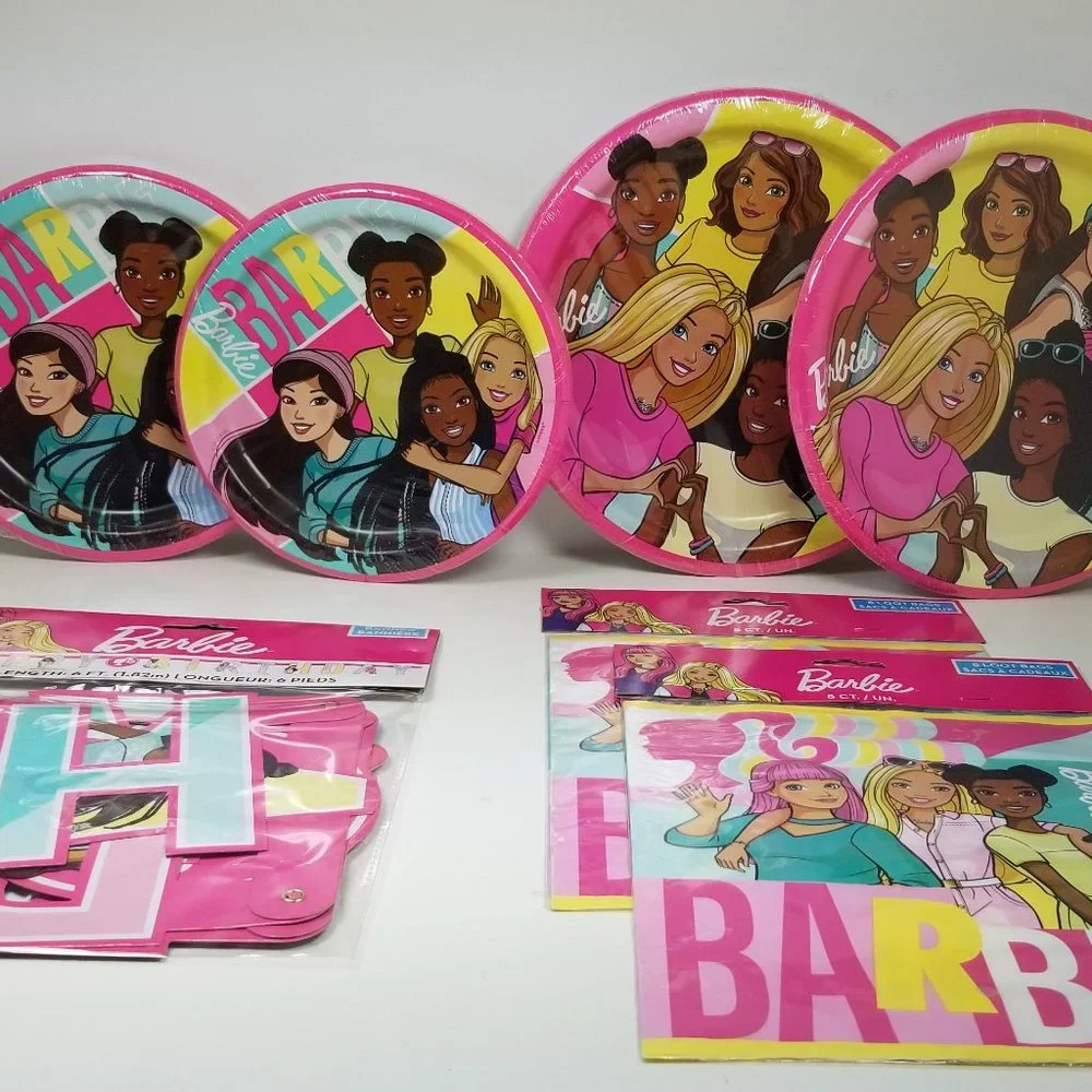 Barbie party set for 16 includes small and large plates, banner and goodie bags